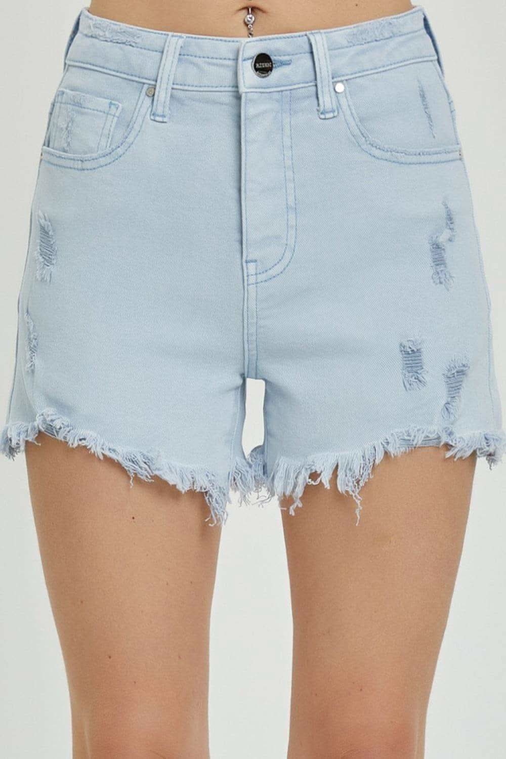 RISEN Full Size High Rise Distressed Detail Denim Shorts - SwagglyLife Home & Fashion