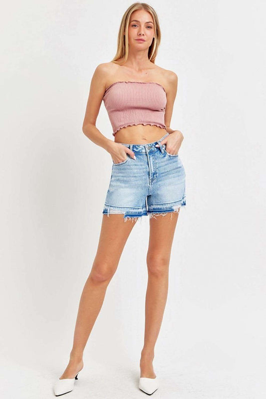 RISEN High Rise Distressed Hem Denim Shorts in - photo