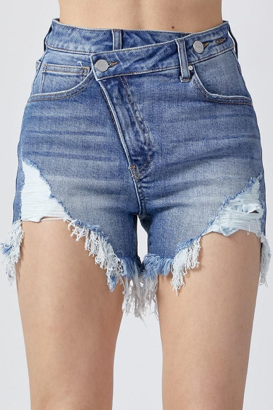 RISEN Raw Hem Asymmetrical Waist Denim Shorts - SwagglyLife Home & Fashion