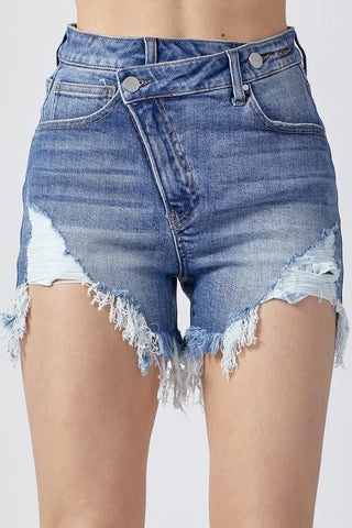 RISEN Raw Hem Asymmetrical Waist Denim Shorts - SwagglyLife Home & Fashion