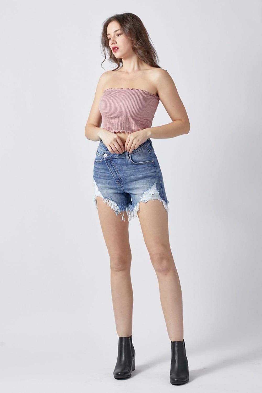 RISEN Raw Hem Asymmetrical Waist Denim Shorts - SwagglyLife Home & Fashion