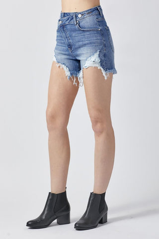 RISEN Raw Hem Asymmetrical Waist Denim Shorts - SwagglyLife Home & Fashion