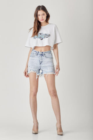 RISEN Raw Hem Distressed High Rise Denim Shorts - SwagglyLife Home & Fashion