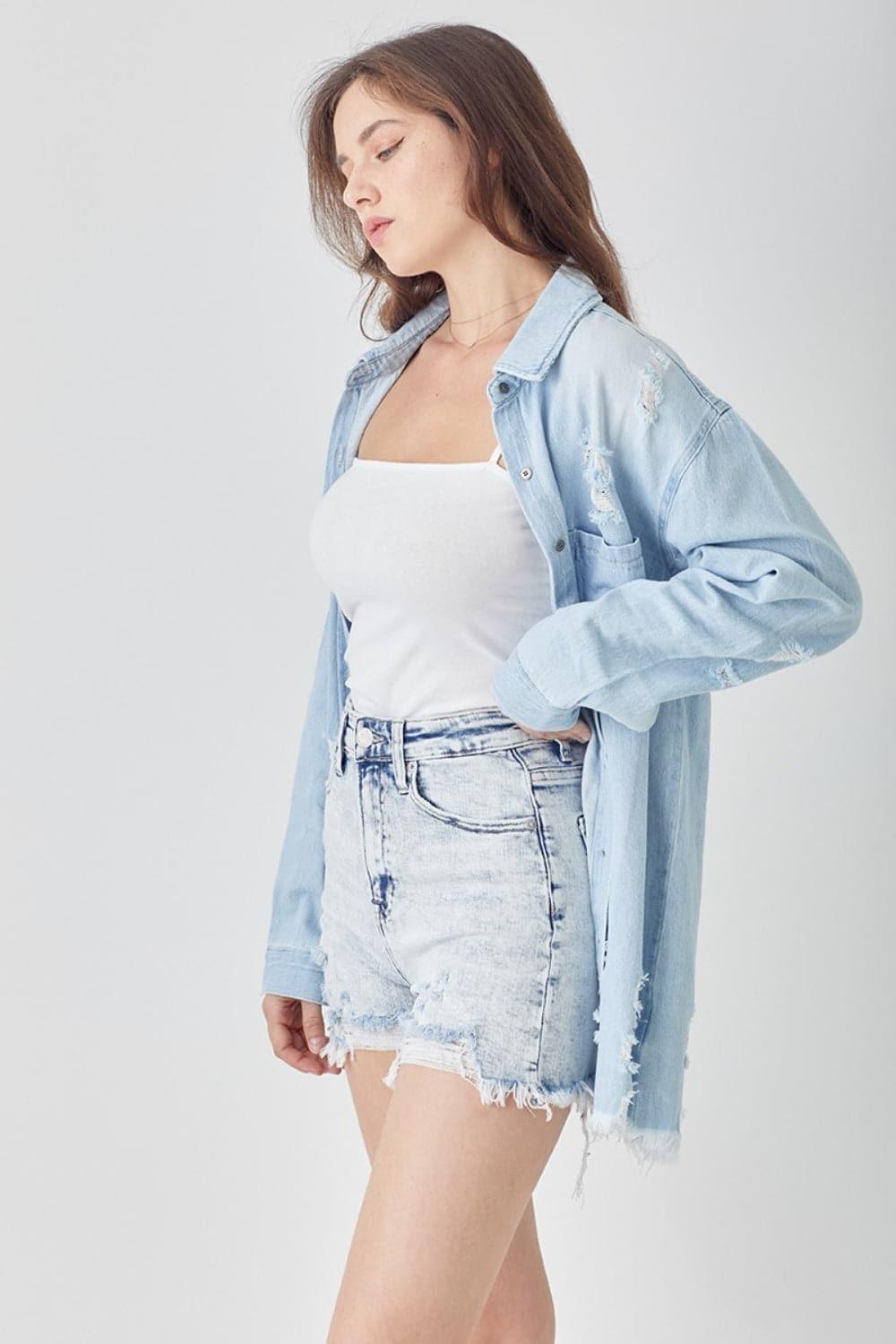 RISEN Raw Hem Distressed High Rise Denim Shorts - SwagglyLife Home & Fashion