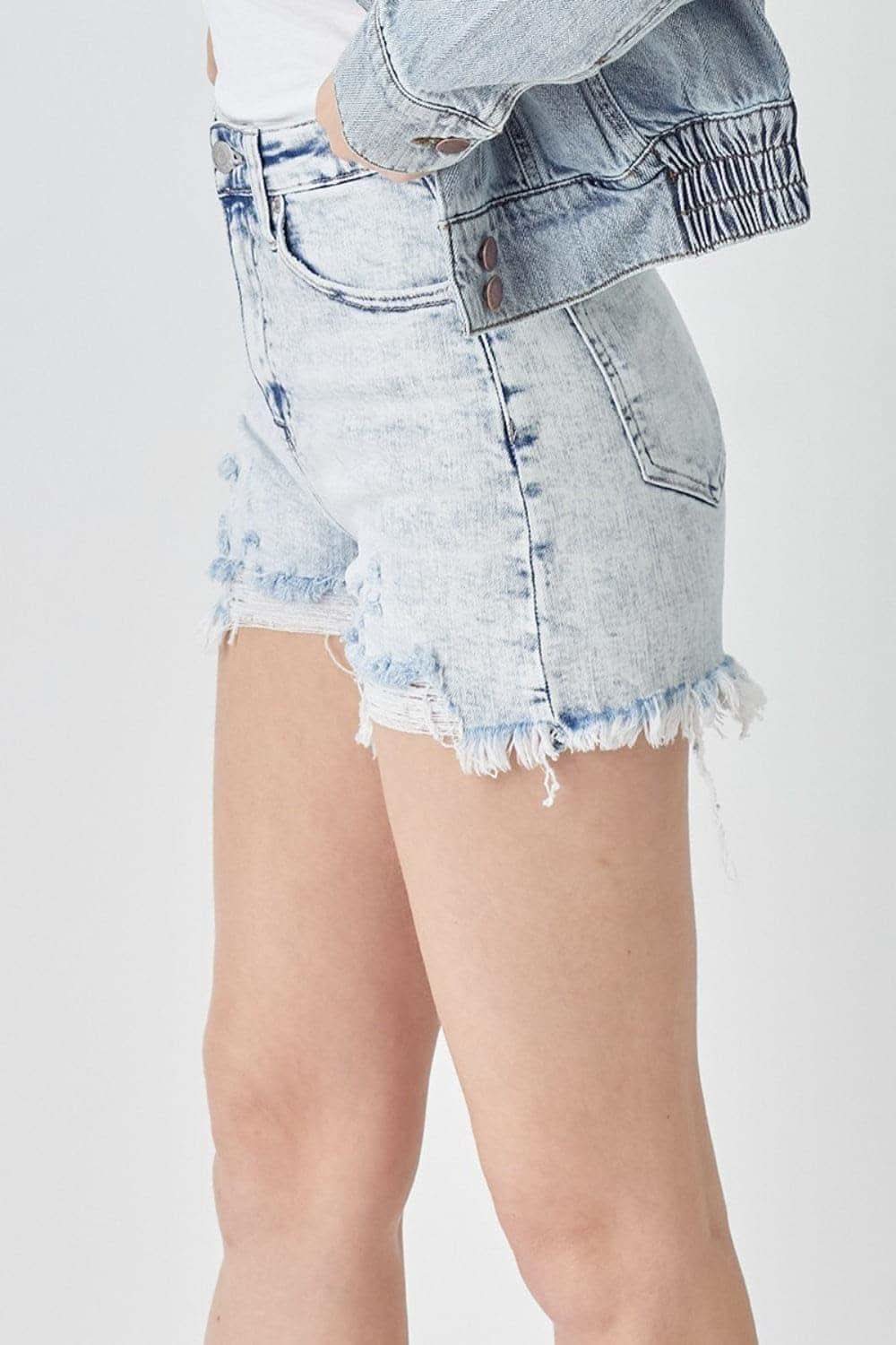 RISEN Raw Hem Distressed High Rise Denim Shorts - SwagglyLife Home & Fashion
