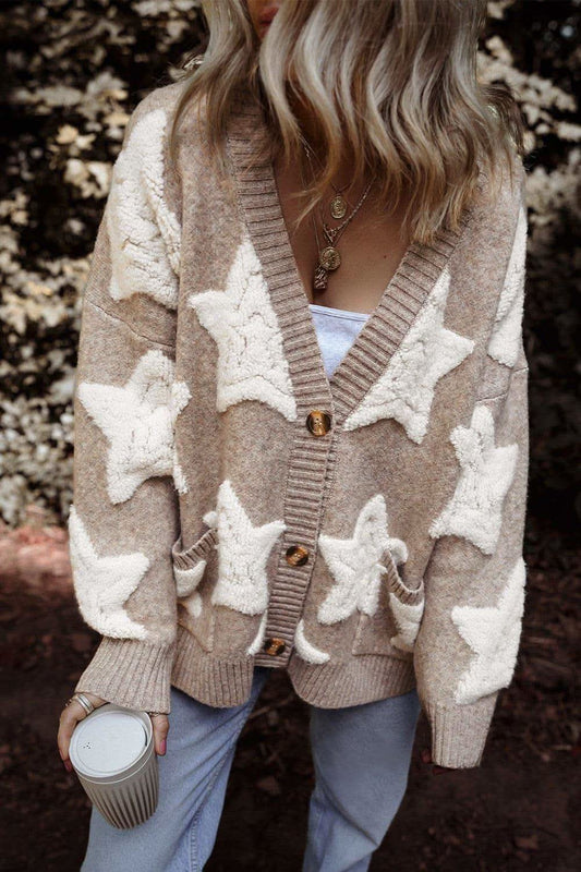 Star Button Up Long Sleeve Cardigan in Mocha - Cardigans photo