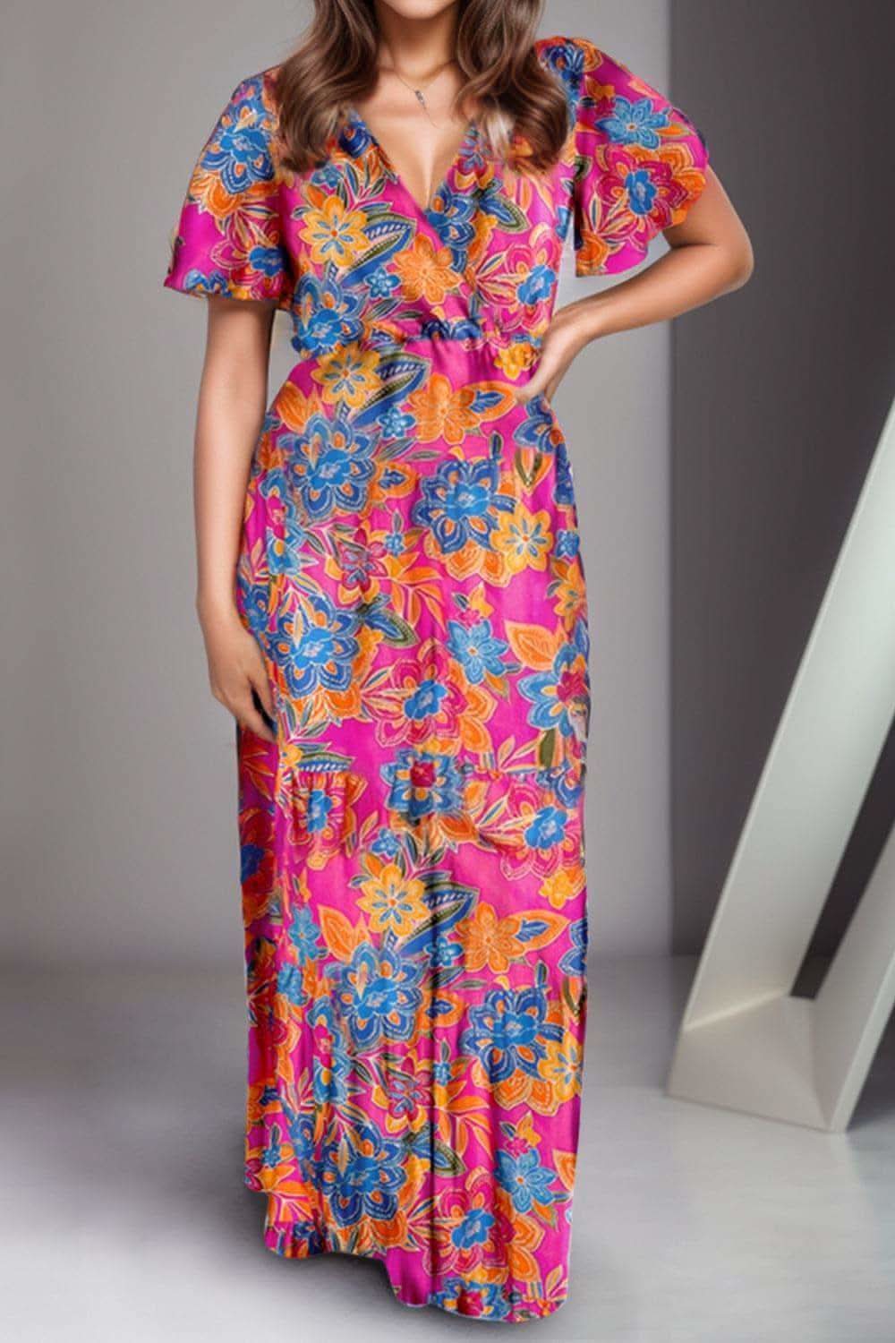 Rosie Printed Surplice Short Sleeve Maxi Dress - SwagglyLife Home & Fashion