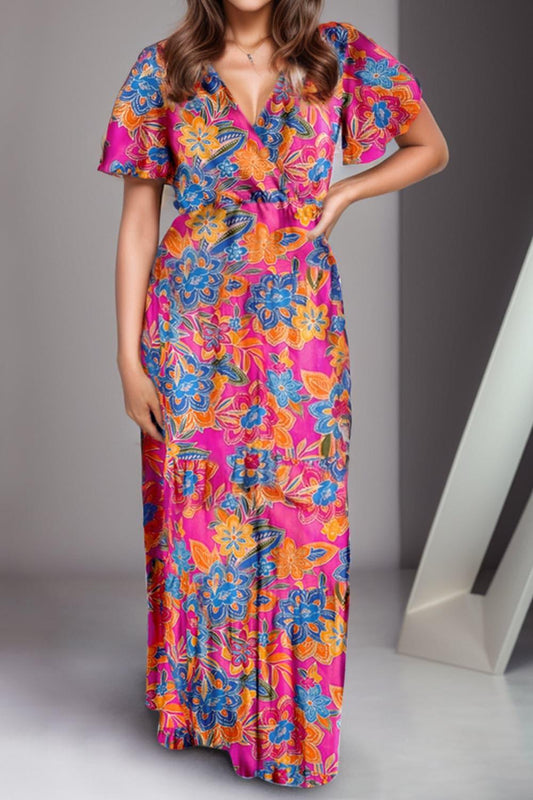 Rosie Printed Surplice Short Sleeve Maxi Dress - SwagglyLife Home & Fashion