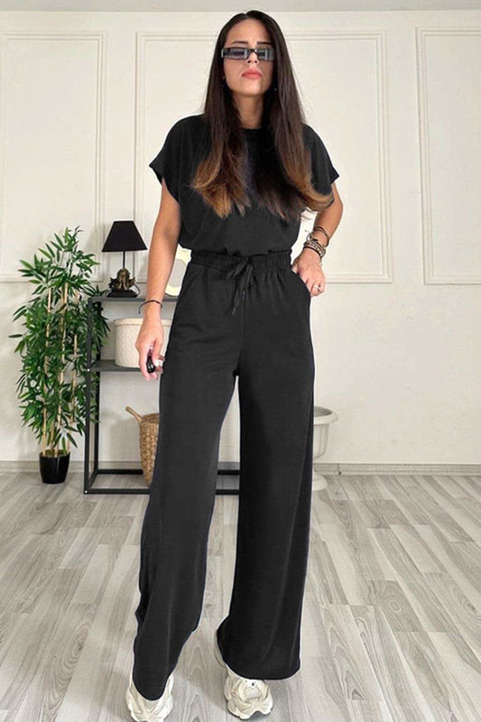 Round Neck Short Sleeve Top and Drawstring Pants Set in Black - Outfit Sets photo