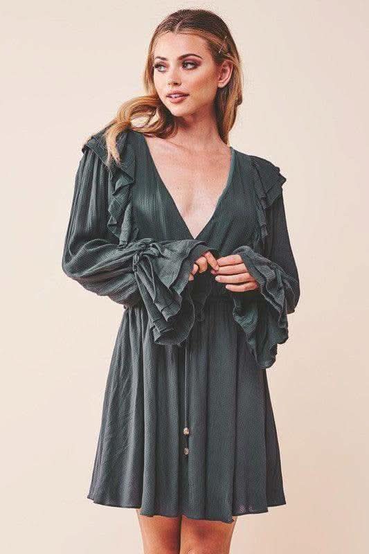 Ruffle Surplice Tied Mini Dress, Green in GREEN - Dresses photo