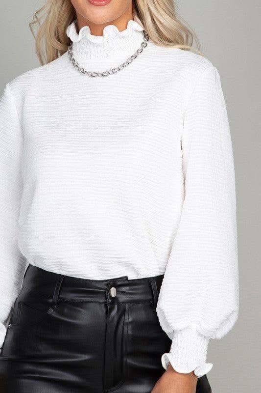Ruffle Trim Mock Neck Blouse, White in White - Shirts & Tops photo