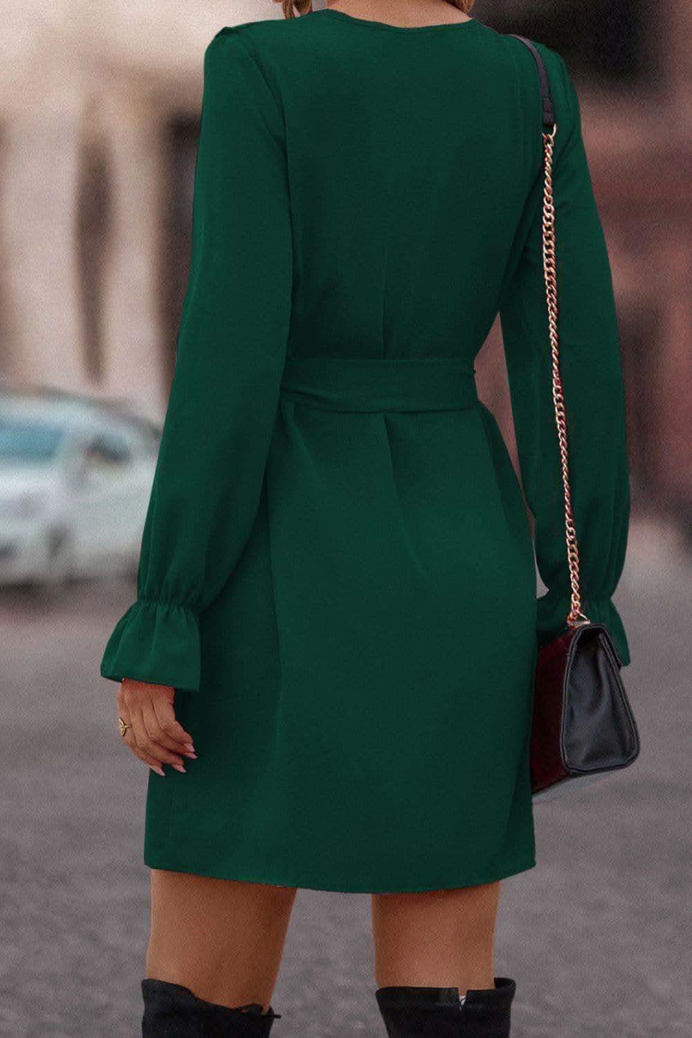 Ruffled Flounce Sleeve V-Neck Belted Dress - SwagglyLife Home & Fashion