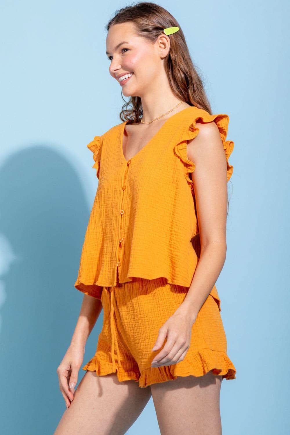 Ruffled V-Neck Cap Sleeve and Shorts Set - SwagglyLife Home & Fashion