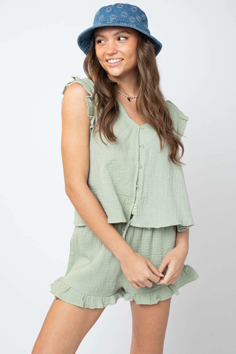Ruffled V-Neck Cap Sleeve and Shorts Set - SwagglyLife Home & Fashion