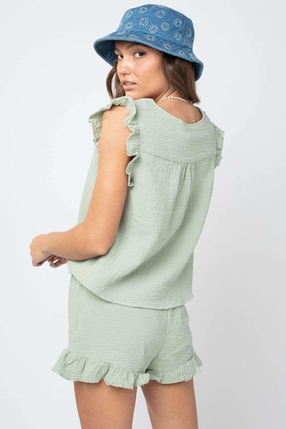 Ruffled V-Neck Cap Sleeve and Shorts Set - SwagglyLife Home & Fashion