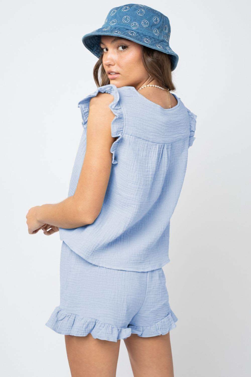 Ruffled V-Neck Cap Sleeve and Shorts Set - SwagglyLife Home & Fashion