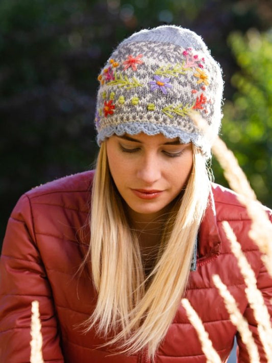 Sadie Wool Knit Embroidered Hat in Natural - hat photo