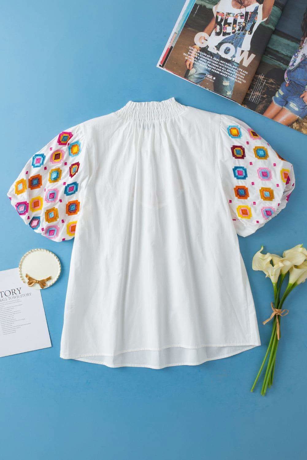 Printed Mock Neck Puff Sleeve Blouse - SwagglyLife Home & Fashion