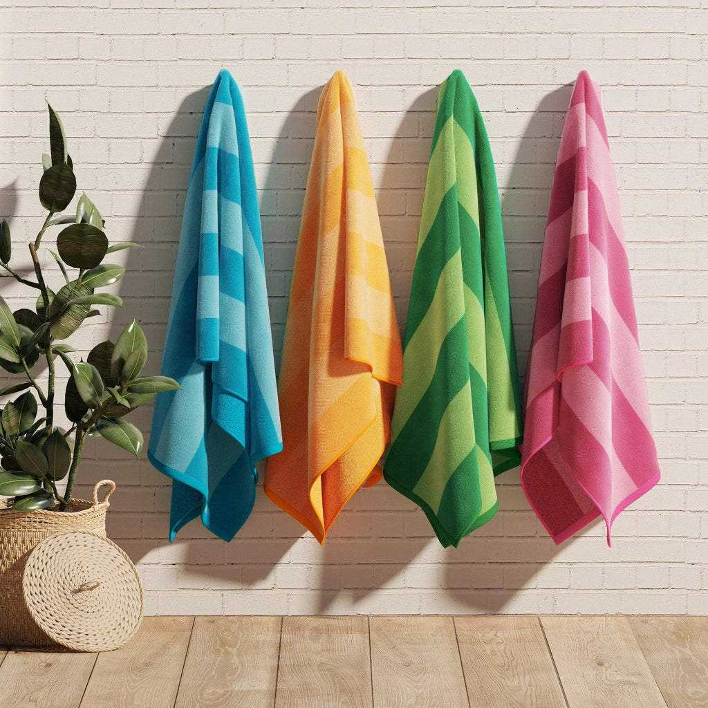 Cotton Velour Cabana Stripe Beach Towel - Novia Collection in 4 Pack- 35" x 70" Multi - Orange, Pink, Green, Navy - photo