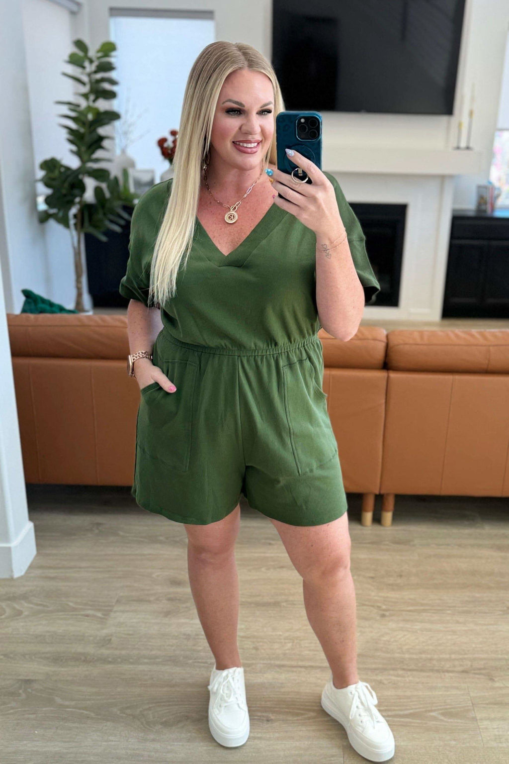 Short Sleeve V-Neck Romper in Army Green - SwagglyLife Home & Fashion