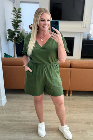 Short Sleeve V-Neck Romper in Army Green - SwagglyLife Home & Fashion
