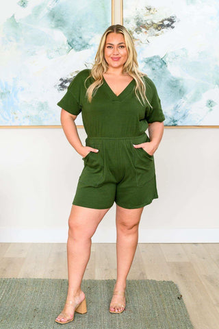 Short Sleeve V-Neck Romper in Army Green - SwagglyLife Home & Fashion