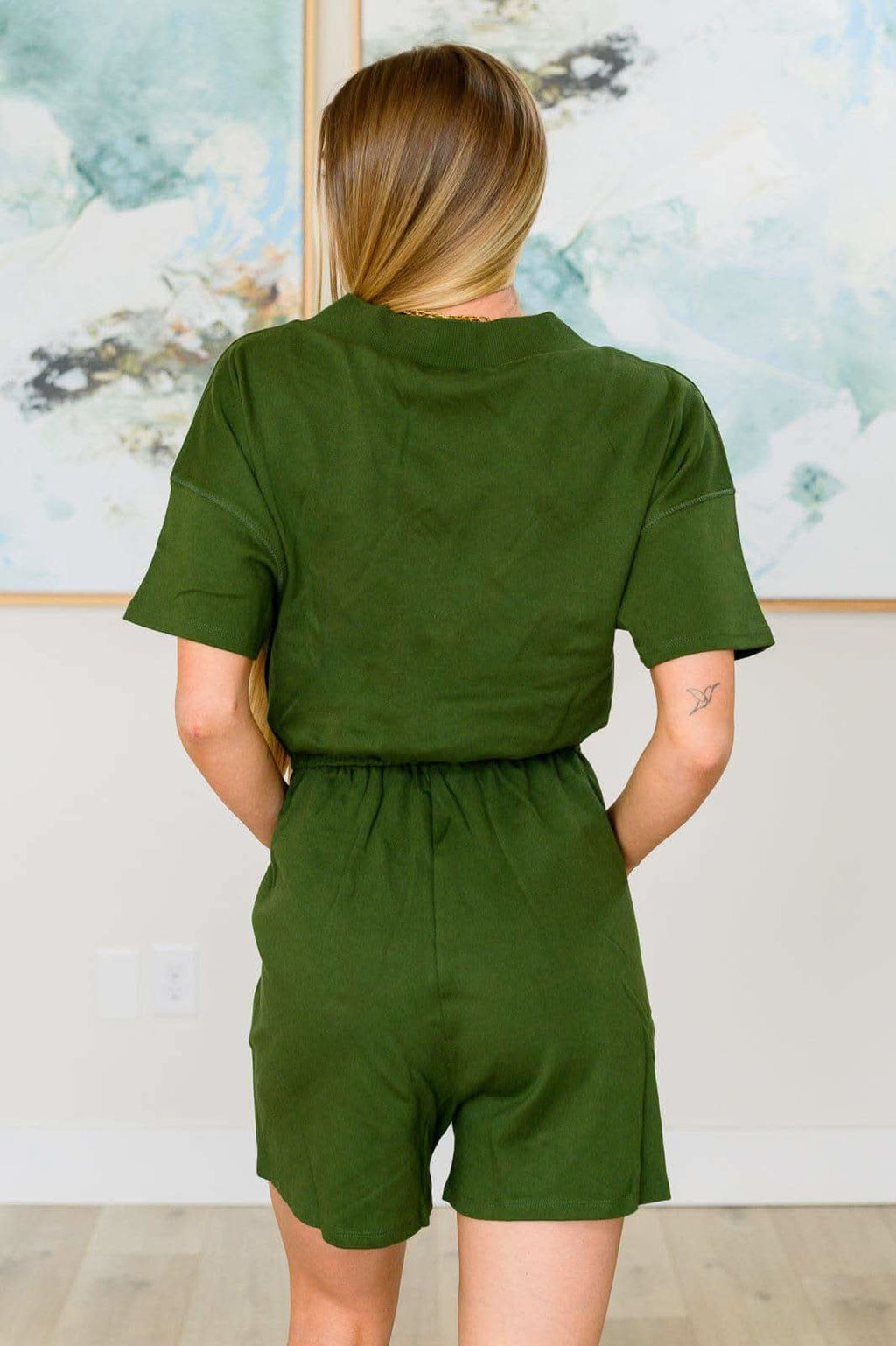 Short Sleeve V-Neck Romper in Army Green - SwagglyLife Home & Fashion