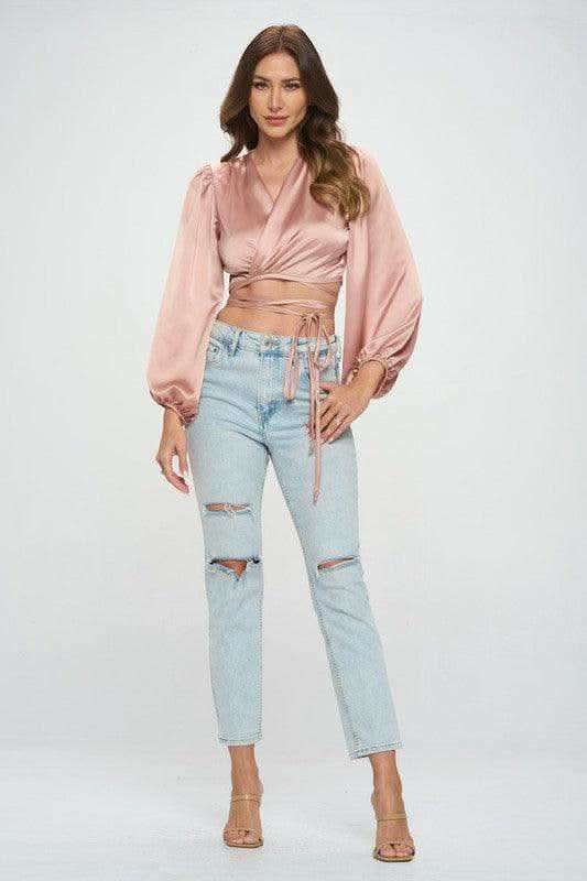 Silky Satin Wrap Crop Top with Tie - SwagglyLife Home & Fashion