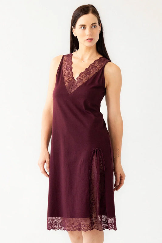 Simone Lace Trim Pima Cotton Gown in Burgundy - NIGHTGOWN photo