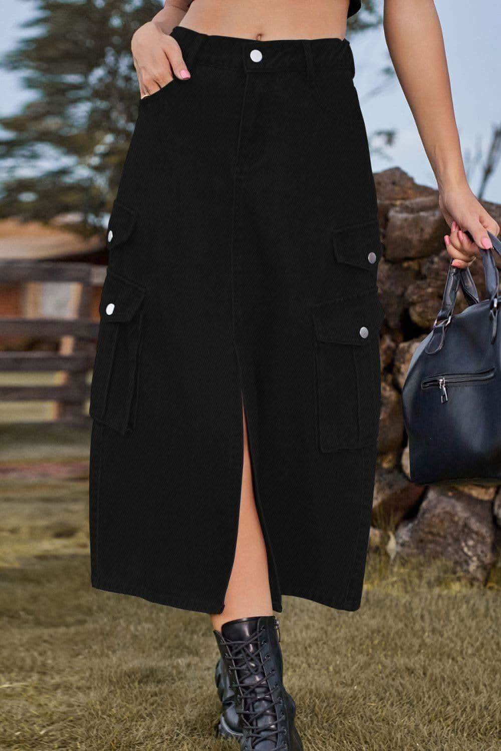 Slit Front Midi Denim Skirt with Pockets, Multiple Colors - Black