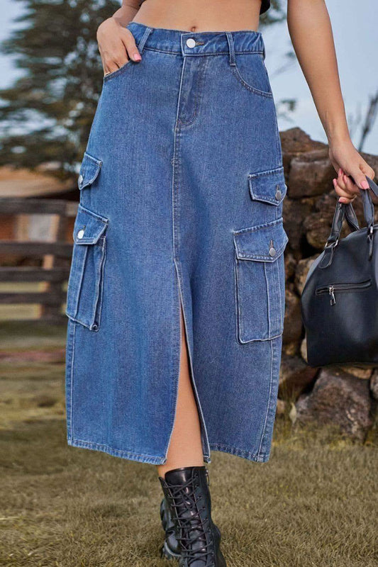 Slit Front Midi Denim Skirt with Pockets, Multiple Colors in Medium - Pants photo