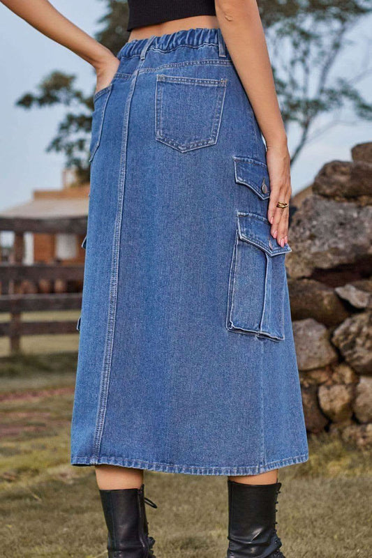 Slit Front Midi Denim Skirt with Pockets, Multiple Colors in - Pants photo