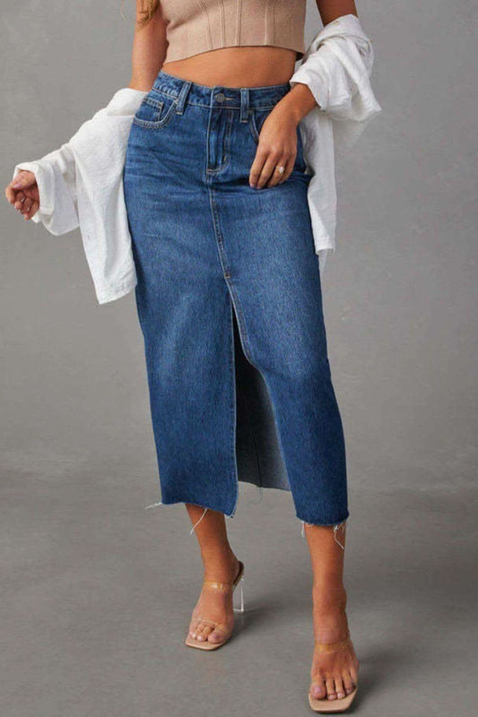Slit Raw Hem Midi Denim Skirt in Dark Blue - Skirts photo