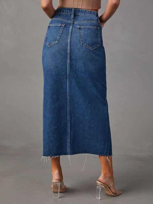 Slit Raw Hem Midi Denim Skirt in - Skirts photo