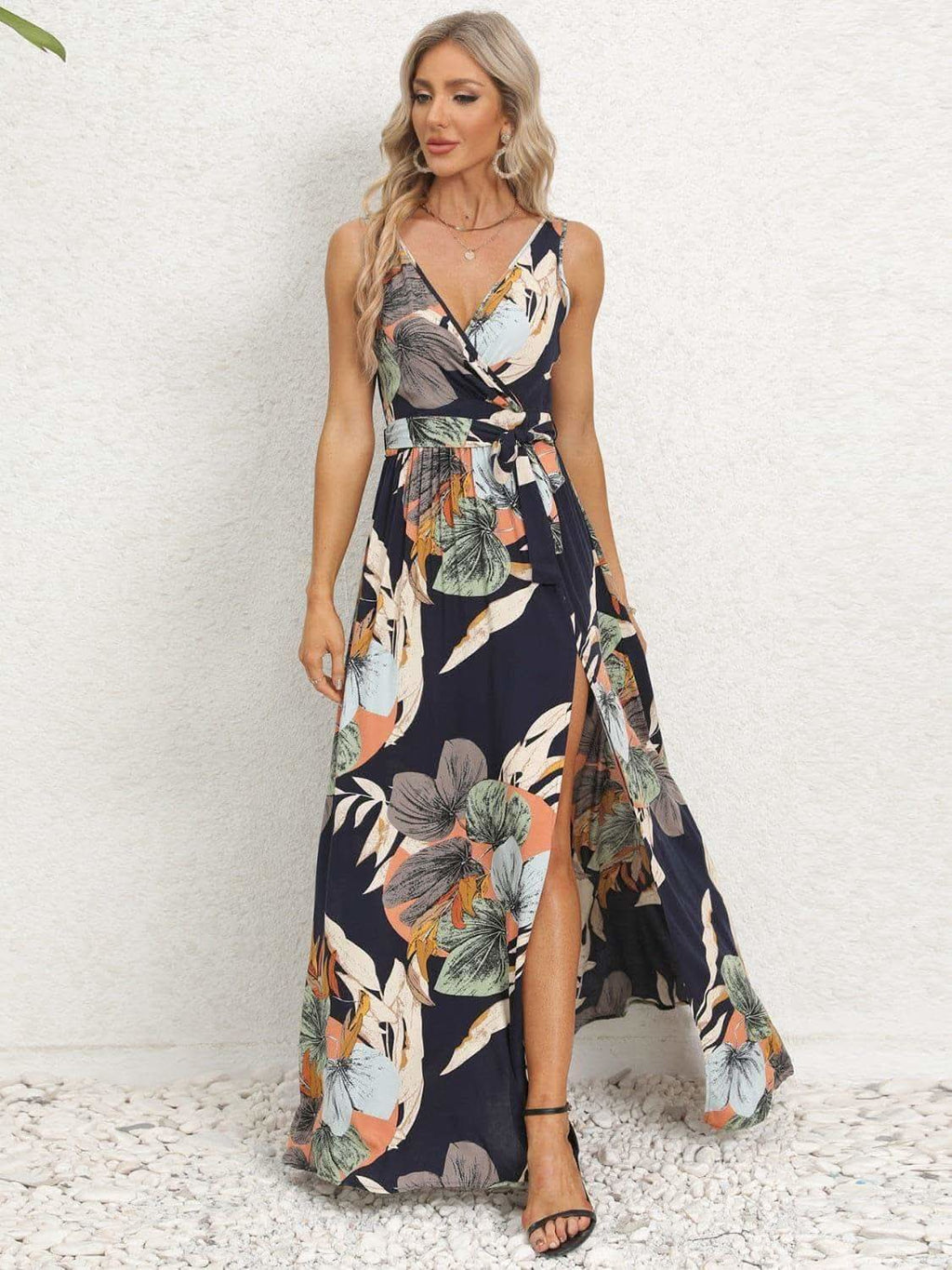 Slit Tied Printed Surplice Dress - SwagglyLife Home & Fashion