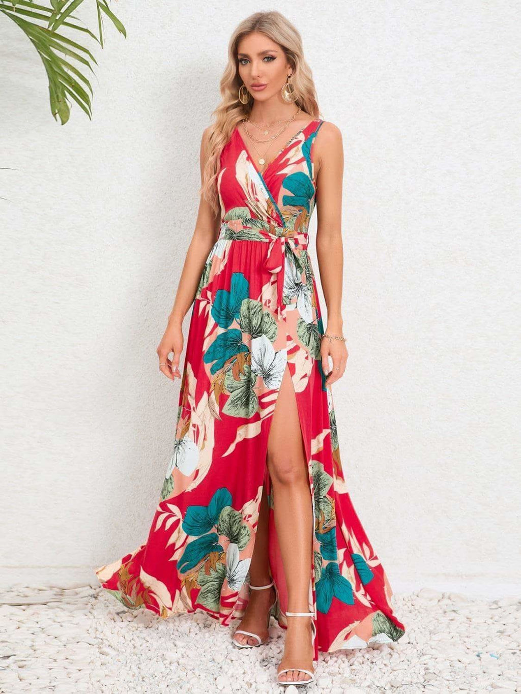 Slit Tied Printed Surplice Dress - SwagglyLife Home & Fashion