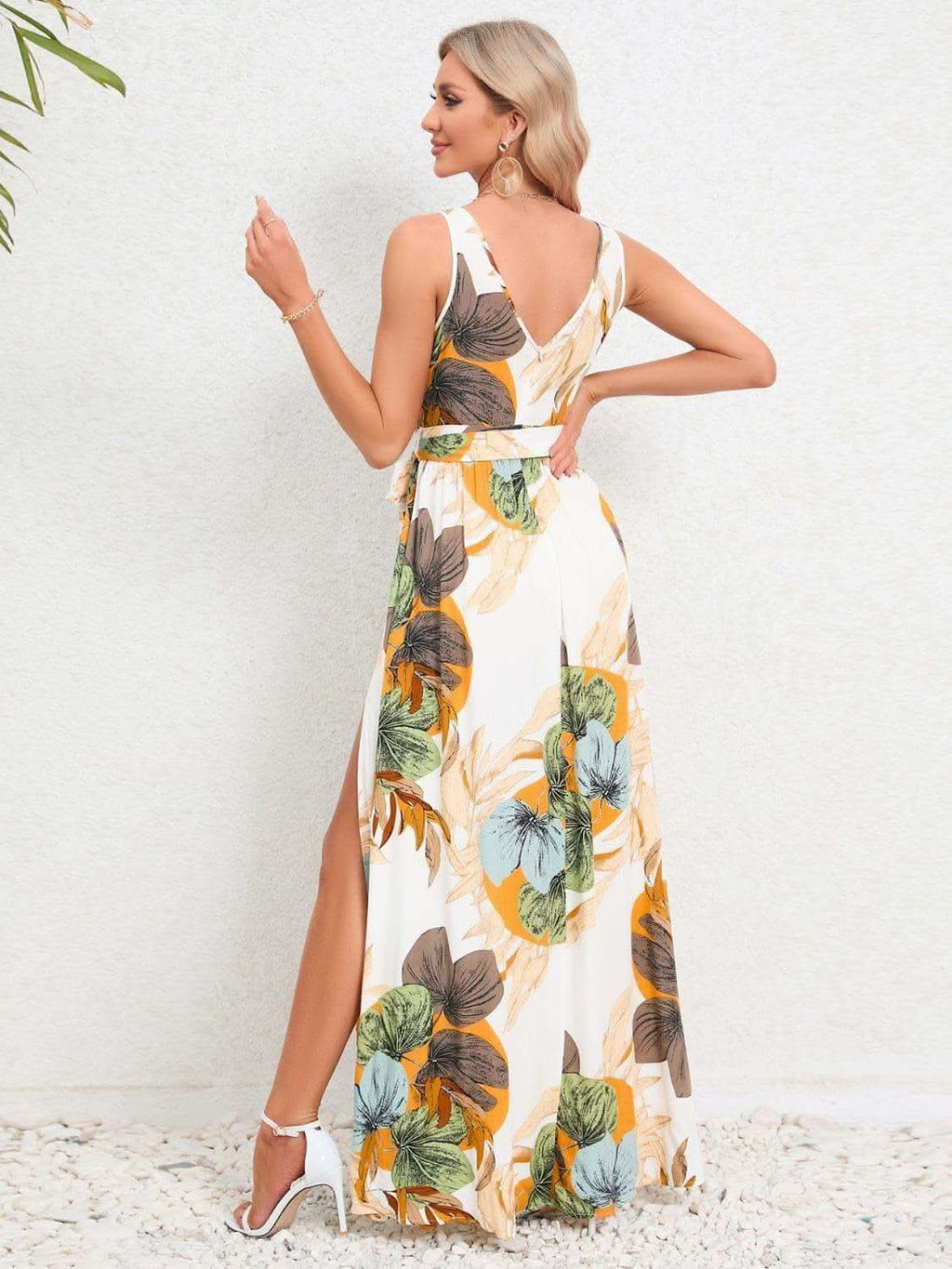 Slit Tied Printed Surplice Dress - SwagglyLife Home & Fashion