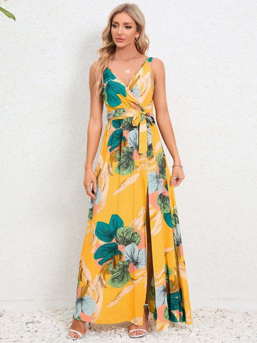 Slit Tied Printed Surplice Dress - SwagglyLife Home & Fashion