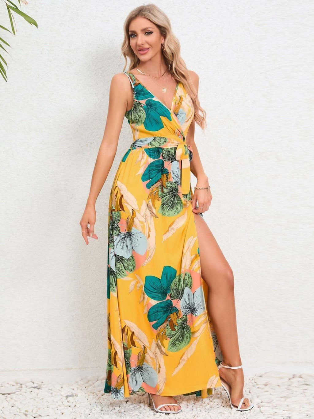 Slit Tied Printed Surplice Dress - SwagglyLife Home & Fashion