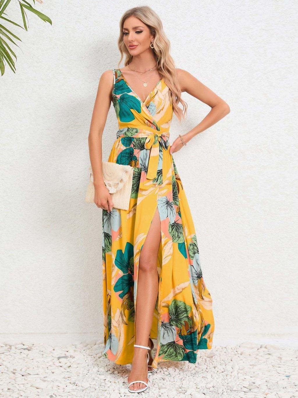 Slit Tied Printed Surplice Dress - SwagglyLife Home & Fashion