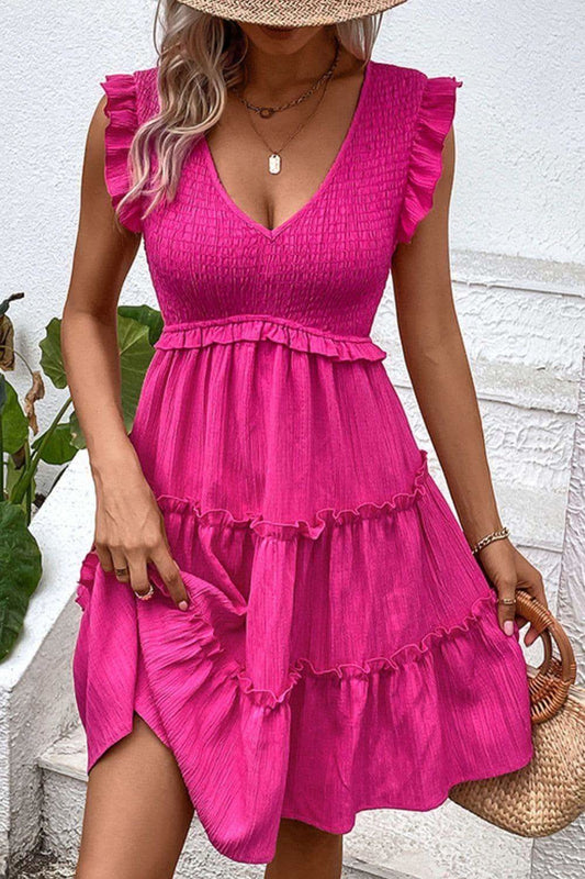 Smocked Frill Trim Deep V Dress, Hot Pink in Hot Pink - Dresses photo