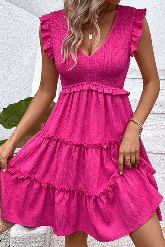Smocked Frill Trim Deep V Dress, Hot Pink in - Dresses photo