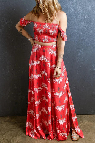 Smocked Off-Shoulder Top and Slit Skirt Set - SwagglyLife Home & Fashion