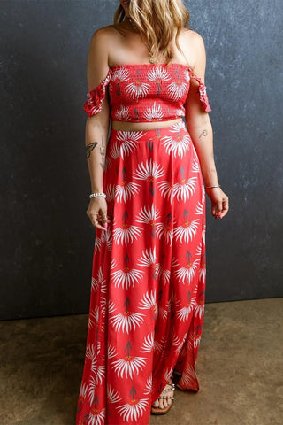 Smocked Off-Shoulder Top and Slit Skirt Set - SwagglyLife Home & Fashion