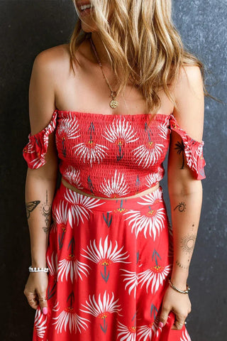 Smocked Off-Shoulder Top and Slit Skirt Set - SwagglyLife Home & Fashion