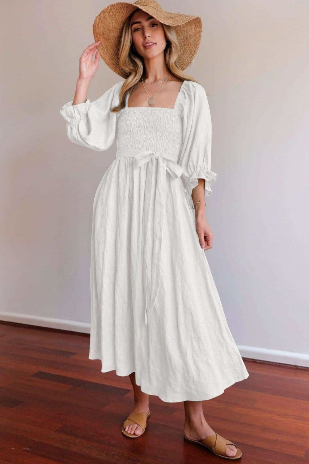 Smocked Square Neck Flounce Sleeve Dress, Multiple Colors - SwagglyLife Home & Fashion