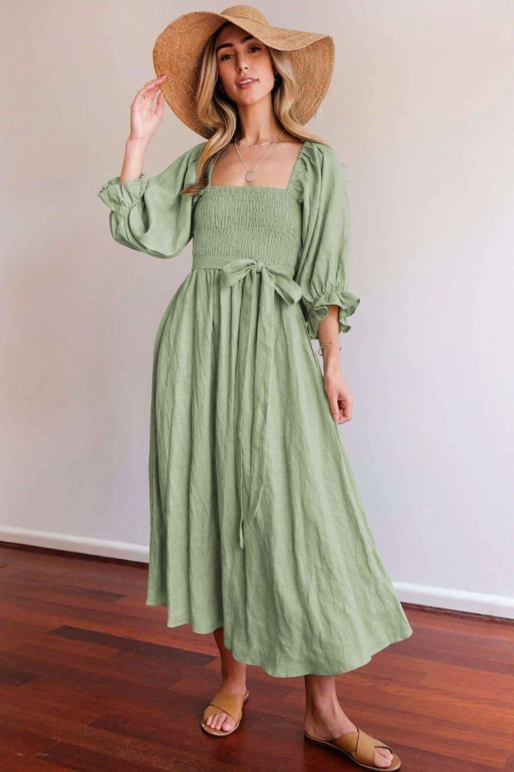 Smocked Square Neck Flounce Sleeve Dress, Multiple Colors - SwagglyLife Home & Fashion