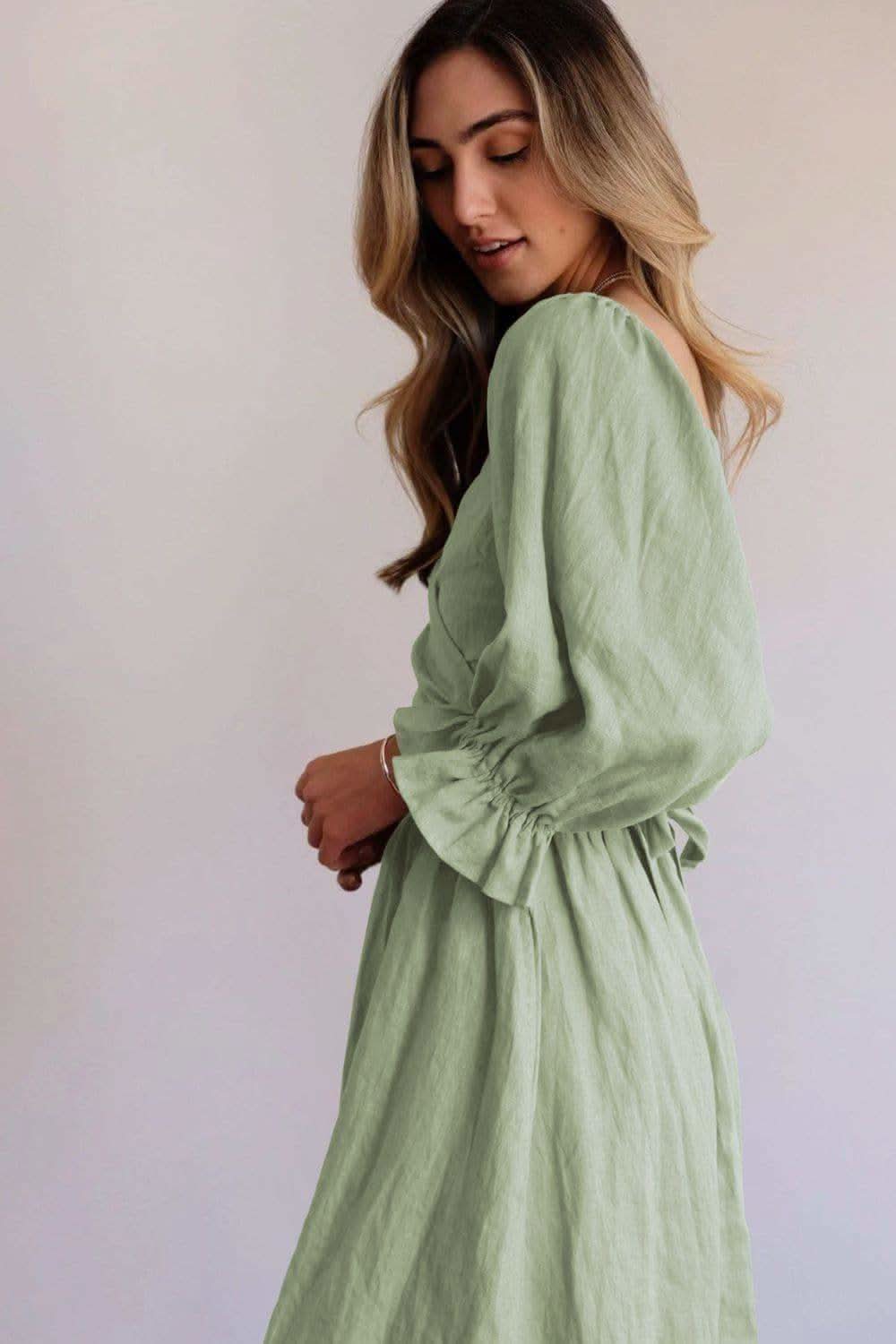 Smocked Square Neck Flounce Sleeve Dress, Multiple Colors - SwagglyLife Home & Fashion
