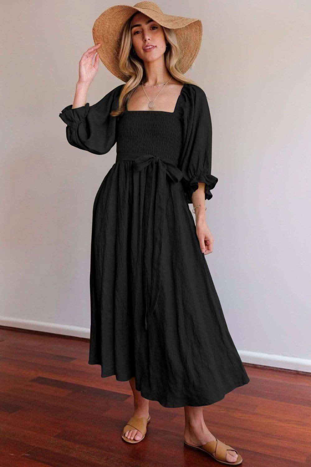 Smocked Square Neck Flounce Sleeve Dress, Multiple Colors - SwagglyLife Home & Fashion