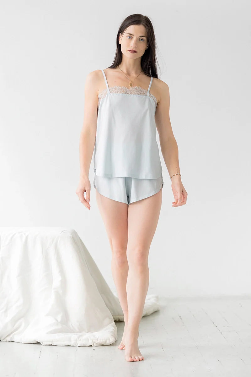Sofia Brushed Pima Cotton Lace Camisole & Shorts Set in Powder Blue - SHORTS photo